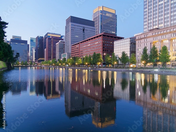 Obraz 皇居の内堀に映る丸の内の夜景	