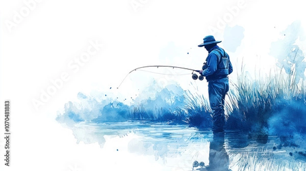 Fototapeta Blue watercolor painting of a fisherman in a stream making a cast