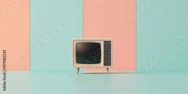 Fototapeta A vintage television sits against pastel-colored walls, showcasing a retro design that blends nostalgia with modern aesthetics.
