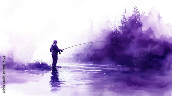 Fototapeta Purple watercolor painting of a fisherman in a stream making a cast