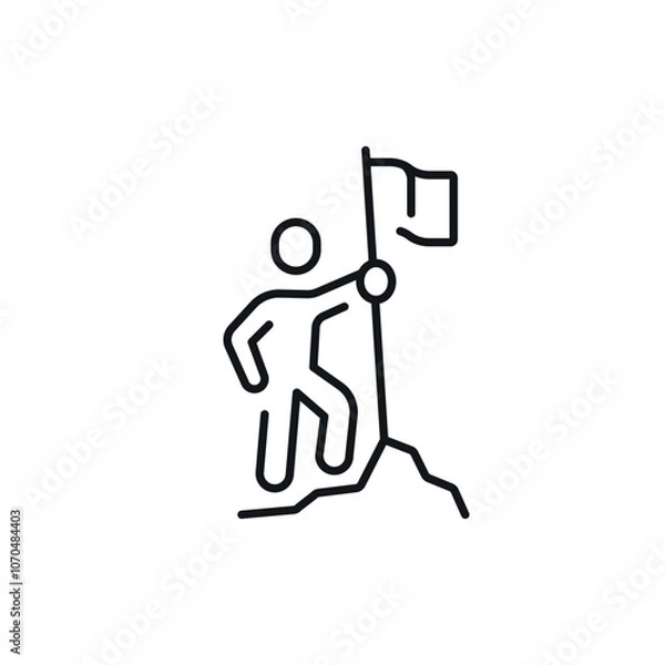 Obraz Man with the flag, Conquering the top, achieving the goal linear icon. Thin line customizable illustration. Contour symbol. Vector isolated outline drawing. Editable stroke