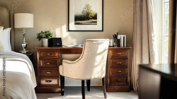 Fototapeta Stylish Bedroom Workspace, a modern desk and cozy chair create an inviting atmosphere, complemented by neatly arranged supplies, perfect for enhancing productivity and creativity.