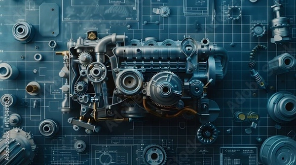 Fototapeta A small engine is shown on a blue background. The engine is made of metal and has a shiny appearance. The blue background suggests a futuristic or industrial setting