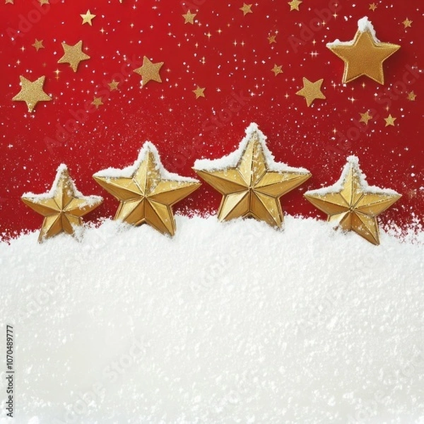 Fototapeta Golden Stars on Red Background with Snow
