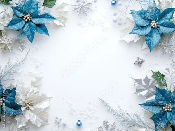 Fototapeta Winter Wonderland Christmas Frame:  A festive and elegant frame, perfect for holiday greetings and invitations. Delicate poinsettias, snowflakes, and silver accents create a winter wonderland scene.