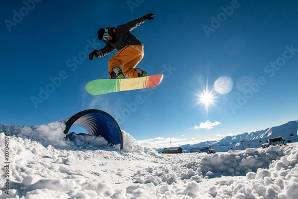 Fototapeta Springboard soars snowboarder. Aerial thrills and mid-air elegance.