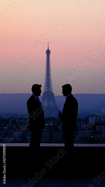 Fototapeta Businessmen discussing under eiffel tower during sunset in paris