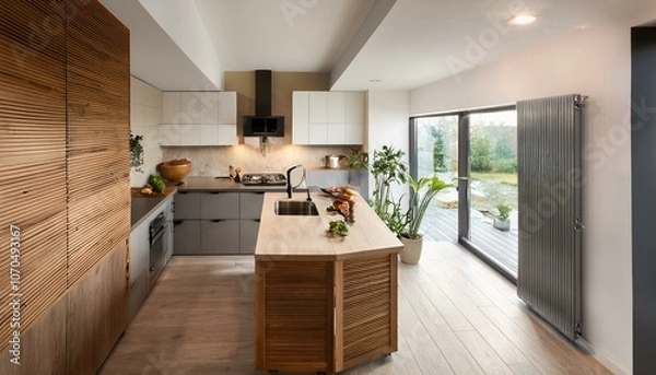 Fototapeta Top view of kitchen interior with bar counter and cooking corner with window