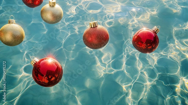 Fototapeta Red and golden Christmas ornaments floating in clean blue water in a pool
