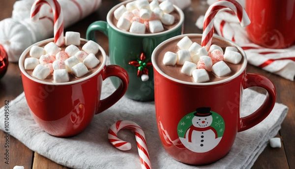Obraz Hot chocolate with marshmallows and candy cane in festive mugs on a wooden table. Christmas and winter holiday drink concept.