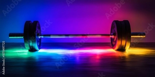 Fototapeta A barbell, with some of its parts, rests on a table illuminated by colorful lights.  There's room for writing something below.