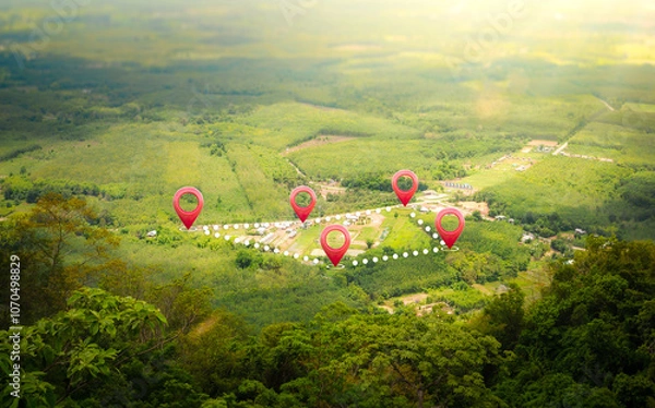 Fototapeta Land plot in aerial view. Gps registration survey of property, real estate for map with location, area. Concept for residential construction and development. Also home, house for sale, buy, purchase.