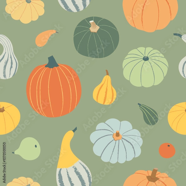 Obraz Pumpkin pattern vector illustration. Variety of gourds and squashes on green background in modern flat style. Autumn harvest vegetables cute design for textile, print