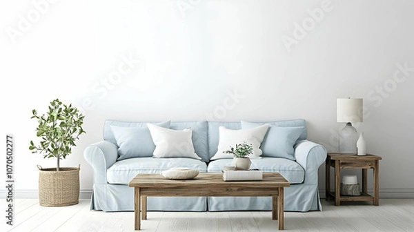 Obraz Cozy Minimalist Cottage-Style Living Room with Soft Blue Sofa, Rustic Wooden Coffee Table, and Natural Light for a Relaxed, Airy Ambiance