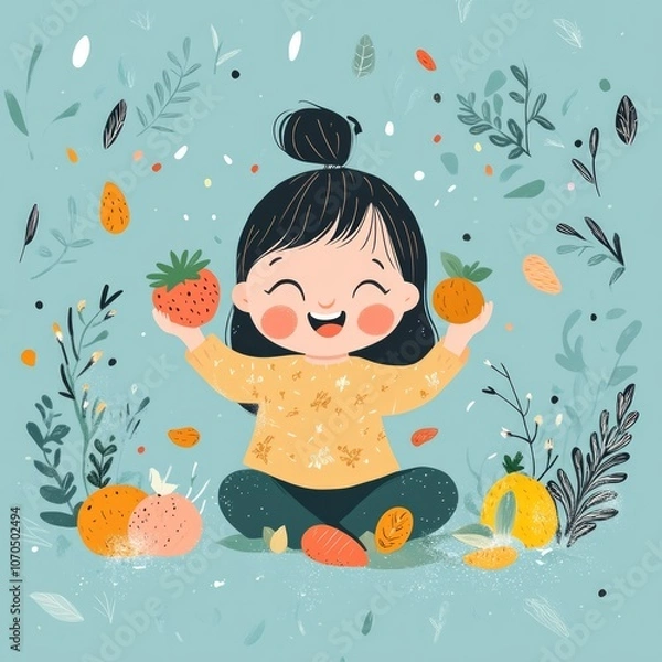 Obraz A happy child eating colorful fruits and vegetables, cheerful and simple cartoon style