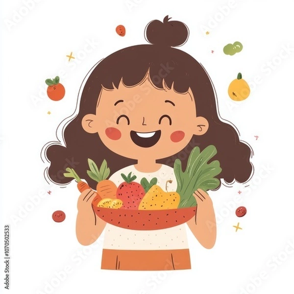Obraz A happy child eating colorful fruits and vegetables, cheerful and simple cartoon style
