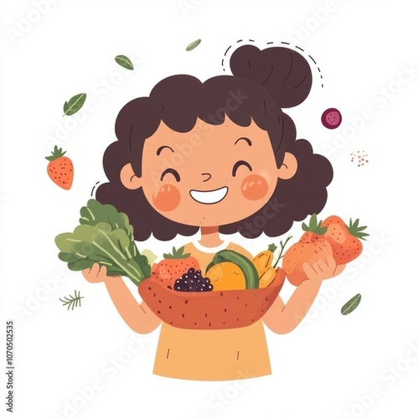 Obraz A happy child eating colorful fruits and vegetables, cheerful and simple cartoon style