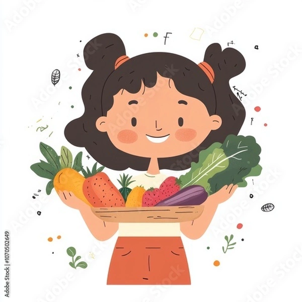 Obraz A happy child eating colorful fruits and vegetables, cheerful and simple cartoon style