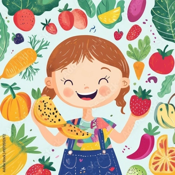 Obraz A happy child eating colorful fruits and vegetables, cheerful and simple cartoon style
