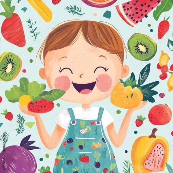Obraz A happy child eating colorful fruits and vegetables, cheerful and simple cartoon style