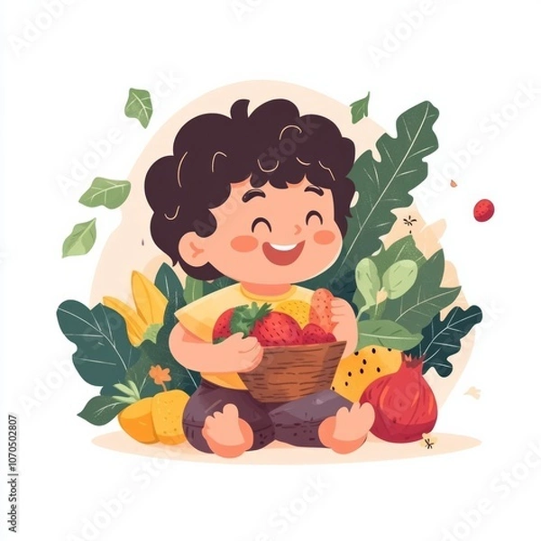 Obraz A happy child eating colorful fruits and vegetables, cheerful and simple cartoon style
