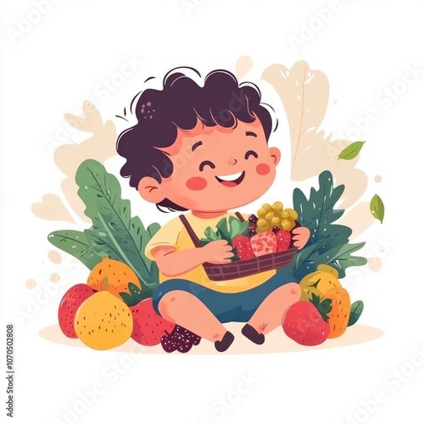 Obraz A happy child eating colorful fruits and vegetables, cheerful and simple cartoon style