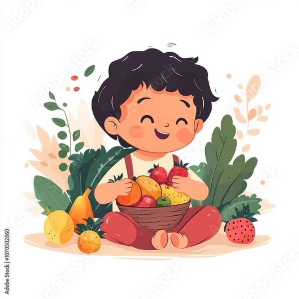 Obraz A happy child eating colorful fruits and vegetables, cheerful and simple cartoon style