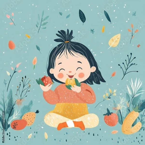 Obraz A happy child eating colorful fruits and vegetables, cheerful and simple cartoon style