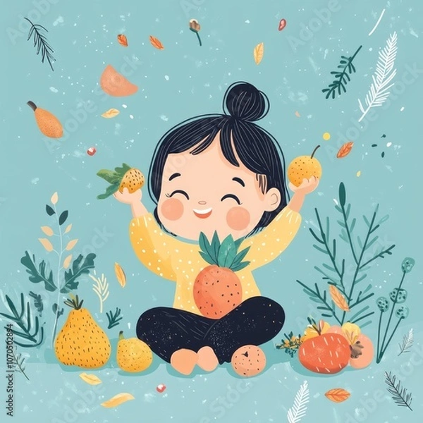 Obraz A happy child eating colorful fruits and vegetables, cheerful and simple cartoon style