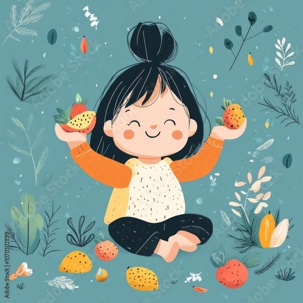 Obraz A happy child eating colorful fruits and vegetables, cheerful and simple cartoon style