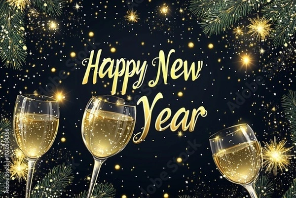 Fototapeta Happy New Year 2025 and champagne glasses on a black background, fireworks in the sky, glittering stars, green pine branches with lights, New Year greeting card