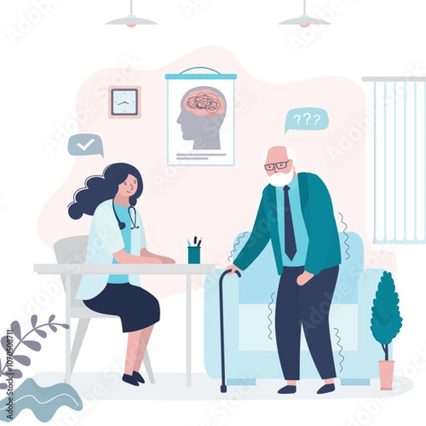 Fototapeta Parkinson's disease, dementia symptoms. Medical staff help patient with neurological disease. Aged man with brain activity problems. Age related changes. Elderly care.