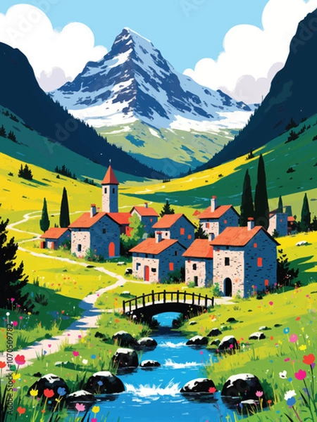 Fototapeta illustration of a tranquil italian mountain village nestled in the foothills of the alps, with snow-capped peaks, a clear blue stream, stone cottages, wildflowers, and winding footpaths