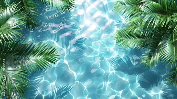 Fototapeta A tranquil blue water surface framed by lush palm leaves on a sunny day, inviting relaxation and escape into nature’s beauty, with copyspace