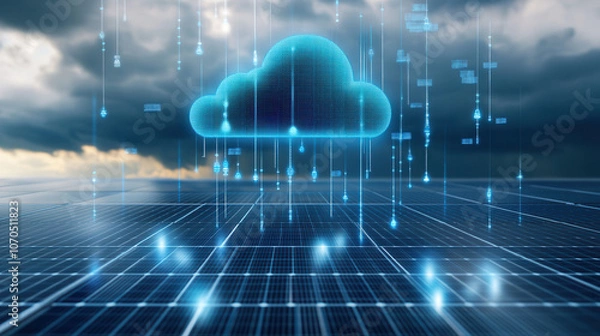 Fototapeta digital cloud hovering over solar farm, with data streams and cloudy sky. scene evokes sense of innovation and technology in renewable energy