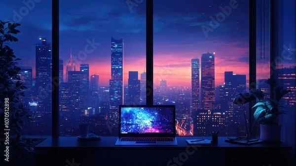 Fototapeta Night City Skyline: A mesmerizing vista of a futuristic cityscape unfolds through a window, bathed in the vibrant hues of a neon-lit night. A laptop, glowing with digital energy.