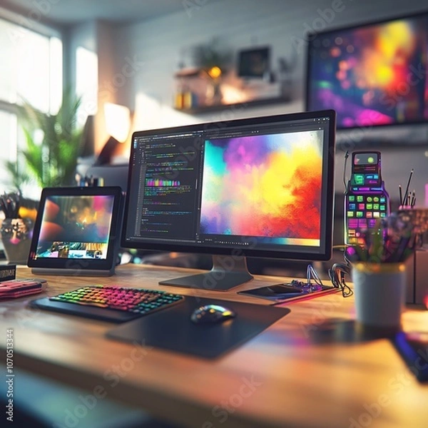 Fototapeta Enhance your creativity with a vibrant digital workspace setup