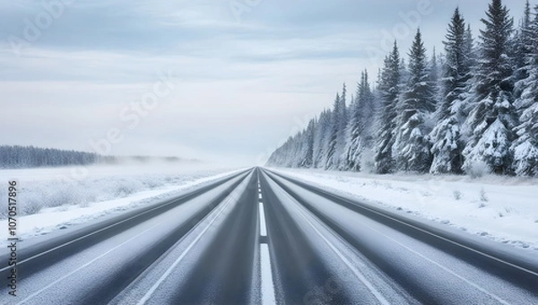 Obraz Winter Road Scene: Long Straight Highway Surrounded by Snowy Forest