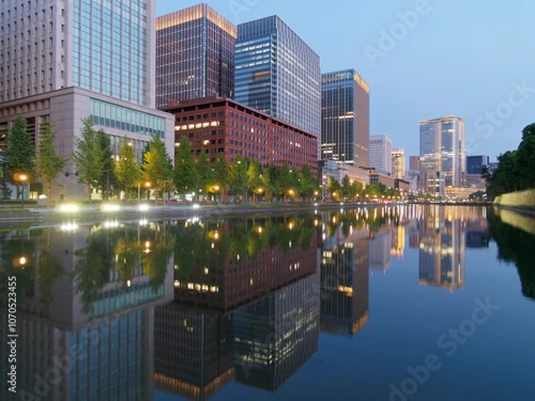 Obraz 皇居の内堀に映る丸の内の夜景	