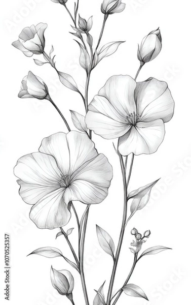 Fototapeta Delicate line drawing of flowers with graceful petals and buds, isolated on a white background, perfect for art and design projects.