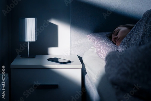Fototapeta Phone next to bed while sleeping. Mobile on table and nightstand at night. Woman and shut down cellphone at bedside. Light from window. Young person asleep in bedroom. Alarm clock in smartphone.