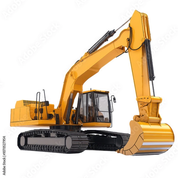 Obraz A detailed yellow excavator with a large bucket attachment, designed for digging and construction tasks, showcasing its robust structure and operational features.