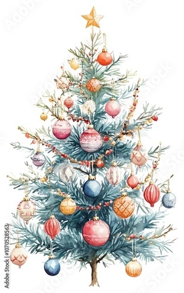 Fototapeta A beautifully decorated Christmas tree adorned with colorful ornaments and a golden star on top, fresh and vibrant for the festive season.