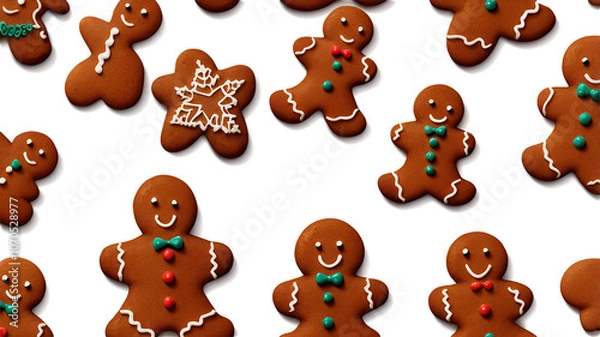 Fototapeta Set of traditional Christmas cookies - gingerbread men, isolated on a transparent background 3d illustration image.