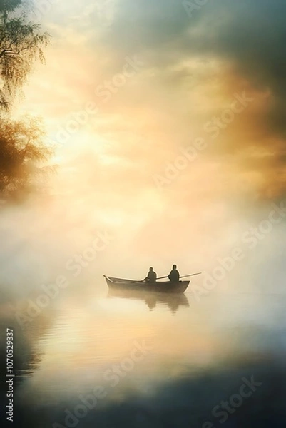 Obraz Two Figures in a Rowboat on a Misty Lake at Sunrise