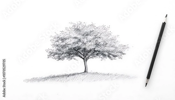 Fototapeta Pencil sketch of a lone tree on white paper. Simple and natural.