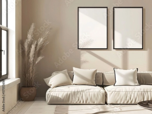Fototapeta A minimalist living room interior with a grey sofa. two framed pictures. a window. a vase with flowers. and a coffee table