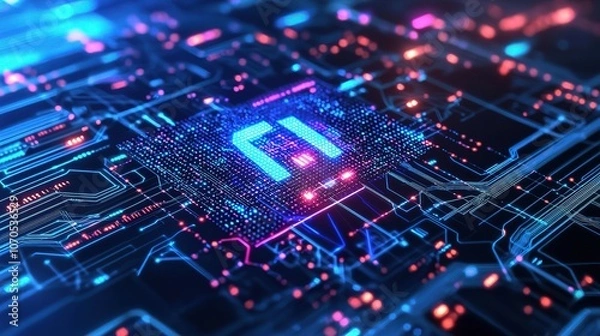 Fototapeta Digital Circuit Board with Neon Elements and Lights