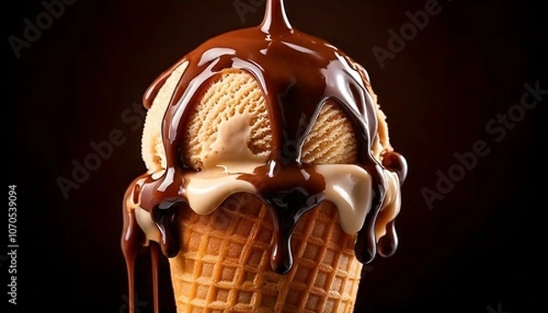 Fototapeta Close-up of a waffle cone topped with scoops of ice cream, drizzled with rich chocolate and caramel sauce, against a dark background.