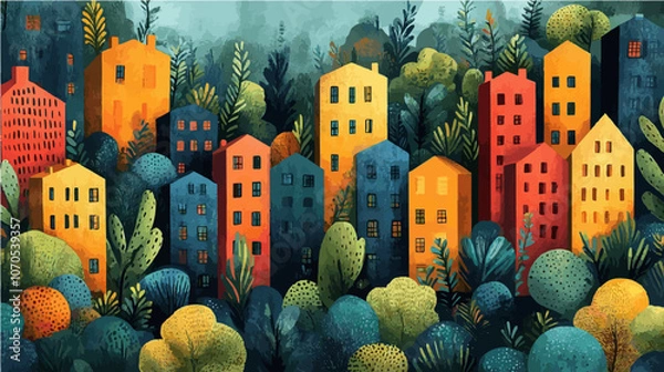 Fototapeta Colorful abstract village art with stylized buildings surrounded by vibrant greenery, blending urban and nature themes in a unique composition.